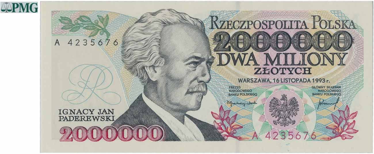 Banknot. PRL. Banknot 2 miliony złotych 1993 Paderewski seria A PMG 66